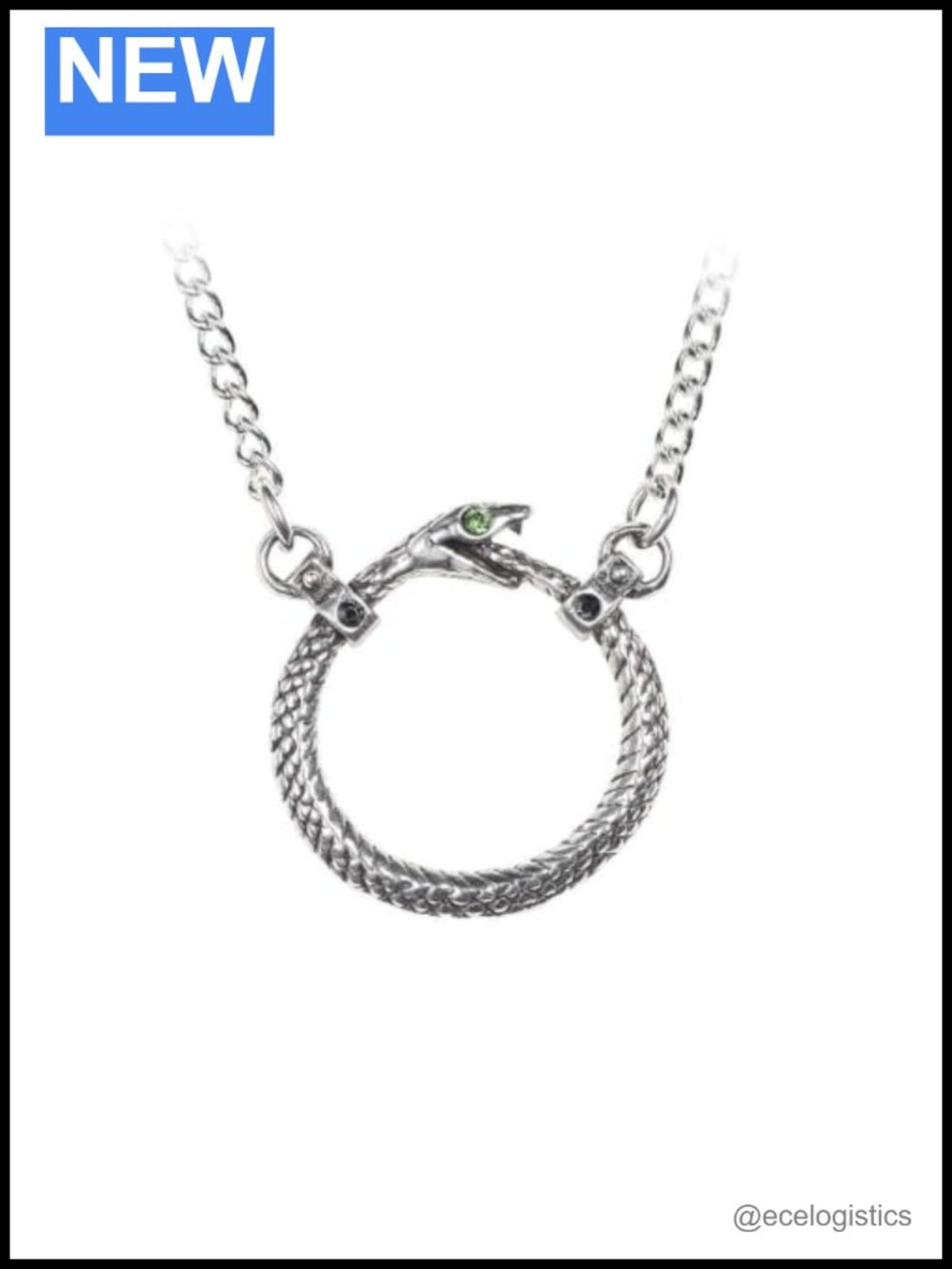 Pewter Ouroboros Snake Pendant Necklace with Austrian Crystals, 21 Inch Curb